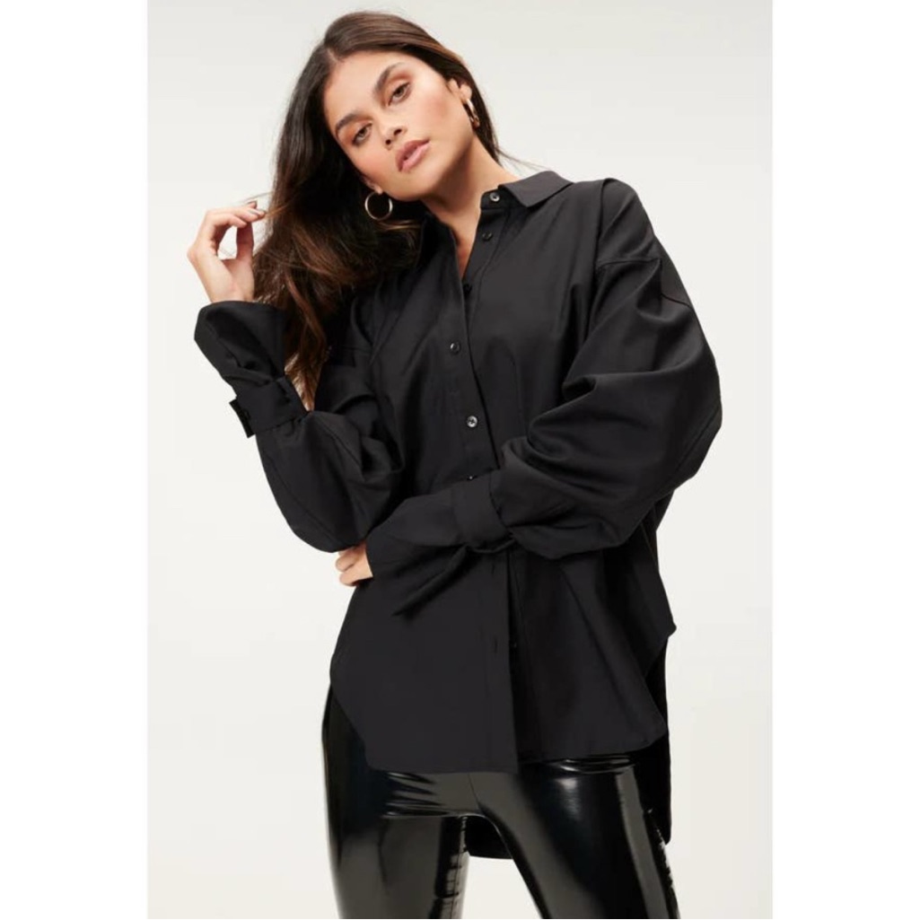 Good American Womens Tabbed Poplin Shirt Top Black